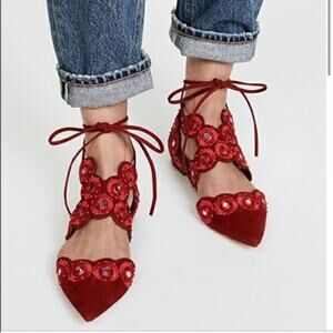 [Tory Burch] Yasmin Red D'Orsay Pointed Toe Flats Embroidered Mirrors NWT Size 9